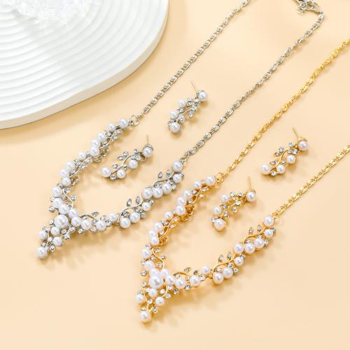 Tibetan Style Jewelry Sets, Stud Earring & sweater chain necklace, with Plastic Pearl, plated, fashion jewelry & for woman & with rhinestone, more colors for choice, nickel, lead & cadmium free, Sold By Set