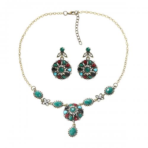 Zinc Alloy Jewelry Sets Stud Earring & sweater chain necklace with Resin 2 pieces & fashion jewelry & for woman & with rhinestone multi-colored nickel lead & cadmium free Sold By Set