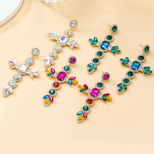 Tibetan Style Stud Earring, Cross, fashion jewelry & for woman & with rhinestone, more colors for choice, nickel, lead & cadmium free, 91x50mm, Sold By Pair