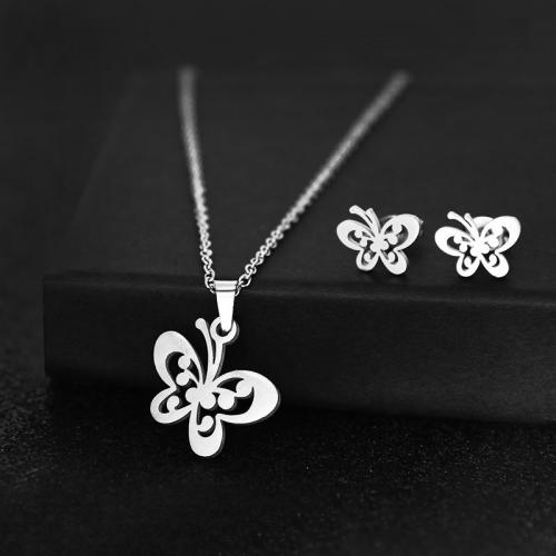 Fashion Stainless Steel Jewelry Sets Stud Earring & necklace 304 Stainless Steel 2 pieces & fashion jewelry & for woman silver color nickel lead & cadmium free Length Approx 45 cm Sold By Set