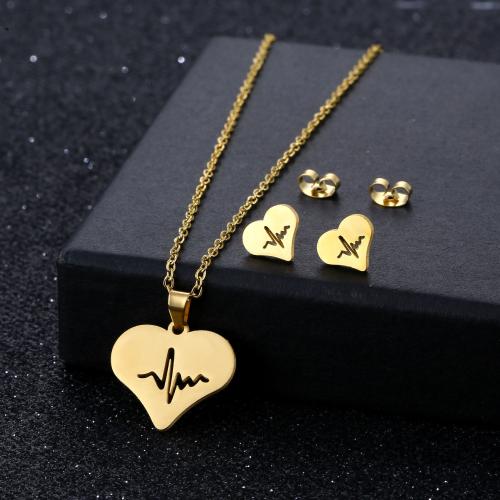 Fashion Stainless Steel Jewelry Sets, Stud Earring & necklace, 304 Stainless Steel, polished, 2 pieces & fashion jewelry & for woman, golden, nickel, lead & cadmium free, Length:Approx 45 cm, Sold By Set