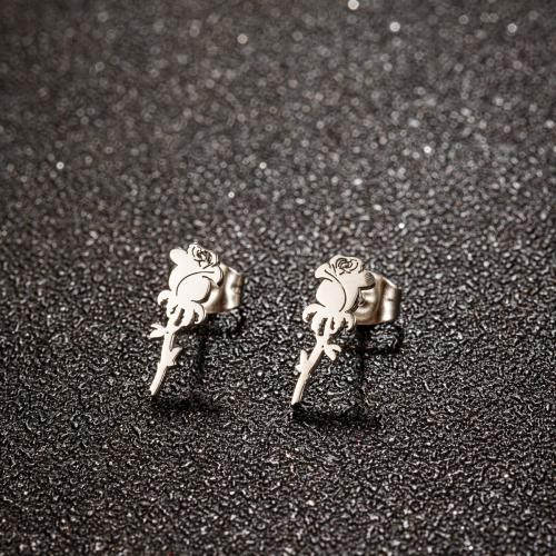 Stainless Steel Stud Earrings, 304 Stainless Steel, Rose, Vacuum Ion Plating, fashion jewelry & for woman, more colors for choice, 4x13mm, 12Pairs/Bag, Sold By Bag