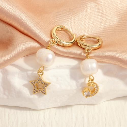 Huggie Hoop Drop Earring Brass with Cubic Zirconia & Freshwater Pearl Moon and Star gold color plated fashion jewelry & for woman white nickel lead & cadmium free Sold By Pair