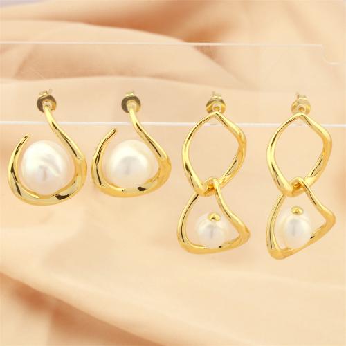 Brass Drop Earring with Freshwater Pearl gold color plated fashion jewelry & for woman & hollow nickel lead & cadmium free Sold By Pair
