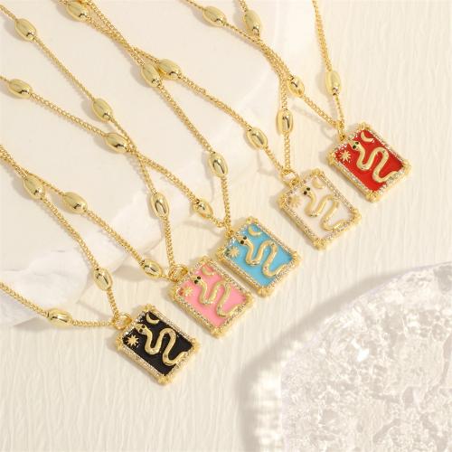 Brass Necklace, with 5cm extender chain, Rectangle, gold color plated, fashion jewelry & micro pave cubic zirconia & for woman & enamel, more colors for choice, nickel, lead & cadmium free, 15x20mm, Length:Approx 45 cm, Sold By PC