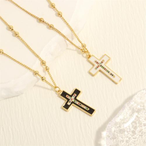 Brass Necklace with 5cm extender chain Cross gold color plated fashion jewelry & micro pave cubic zirconia & for woman & enamel nickel lead & cadmium free Length Approx 45 cm Sold By PC
