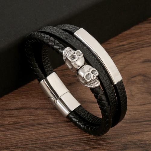 PU Leather Cord Bracelets with 304 Stainless Steel Skull handmade three layers & fashion jewelry & for man Length Approx 21.5 cm Sold By PC