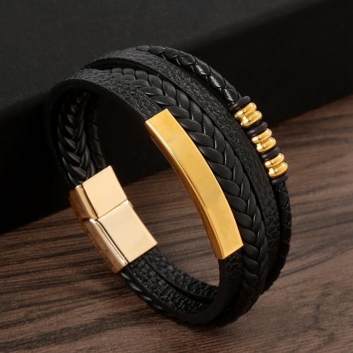 PU Leather Cord Bracelets, with 304 Stainless Steel & Tibetan Style, handmade, fashion jewelry & multilayer & for man, more colors for choice, Length:Approx 21 cm, Sold By PC