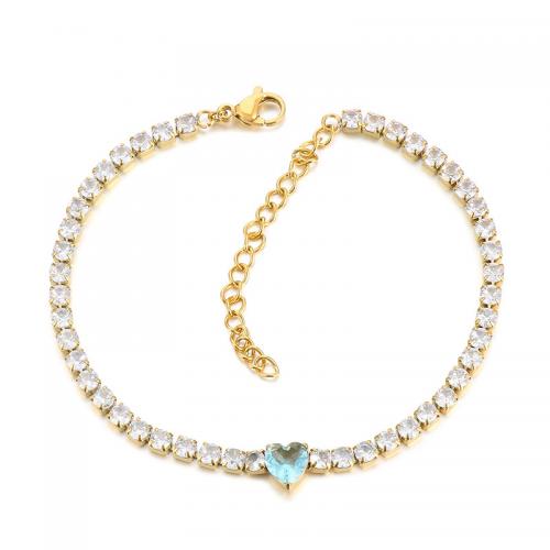 Stainless Steel Jewelry Bracelet, 304 Stainless Steel, with Glass Rhinestone, with 5cm extender chain, Heart, Vacuum Ion Plating, fashion jewelry & for woman, more colors for choice, 3mm, Length:18 cm, Sold By PC