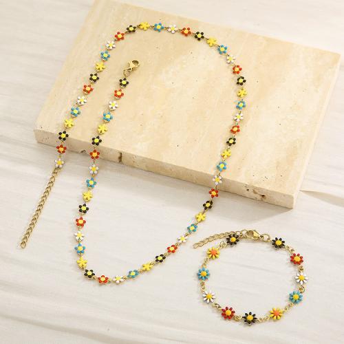 Enamel Stainless Steel Jewelry Set, bracelet & necklace, 304 Stainless Steel, Daisy, Vacuum Ion Plating, fashion jewelry & different styles for choice & for woman, more colors for choice, Sold By PC