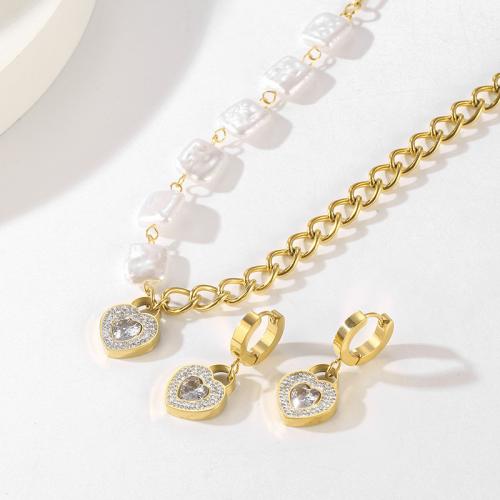 Rhinestone Stainless Steel Jewelry Set, earring & necklace, 304 Stainless Steel, with Shell, Heart, Vacuum Ion Plating, fashion jewelry & different styles for choice & for woman & with rhinestone, more colors for choice, Sold By PC