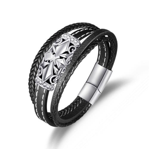 PU Cord Armband, med 304 rostfritt stål, mode smycken & för människan, svart, Längd 21 cm, Säljs av PC