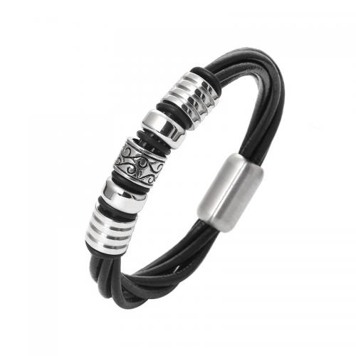 PU Leather Cord Bracelets, with Tibetan Style, fashion jewelry & for man, black, Length:Approx 21 cm, Sold By PC
