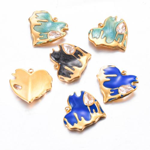 Stainless Steel Heart Pendants, 304 Stainless Steel, with Cubic Zirconia, gold color plated, DIY & enamel, more colors for choice, 20x19mm, 30PCs/Bag, Sold By Bag