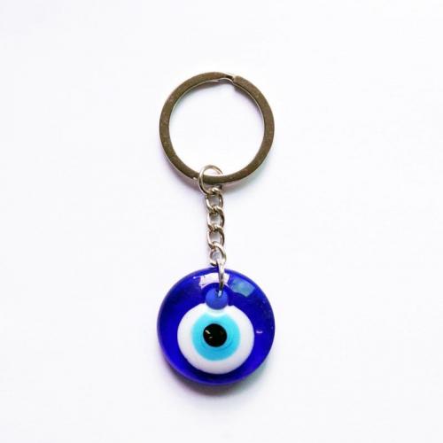 Schlüsselanhänger, Glas, mit Zinklegierung, rund, plattiert, Modeschmuck & böser Blick- Muster, keine, 84x30mm, verkauft von PC