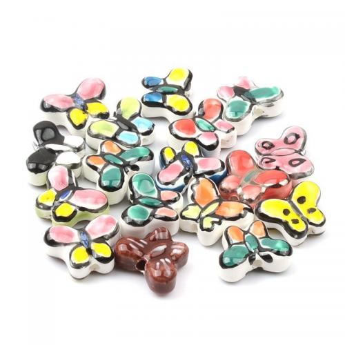 Contas de joias de porcelana, Borboleta, DIY, cores misturadas, 15x13mm, Buraco:Aprox 2.5mm, 10PCs/Bag, vendido por Bag