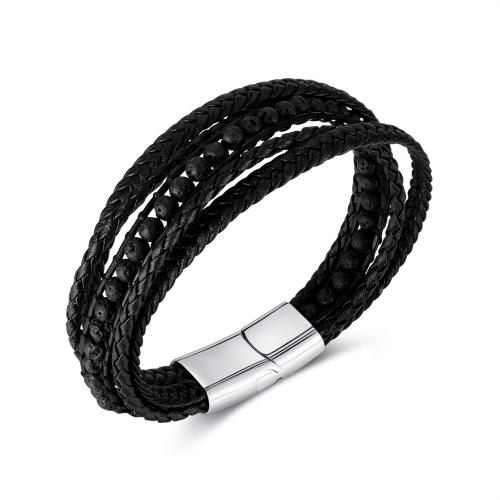 PU Leather Cord Bracelets, with Lava & 304 Stainless Steel, handmade, fashion jewelry & for man, black, wide:12mm, Length:Approx 205 mm, Sold By PC