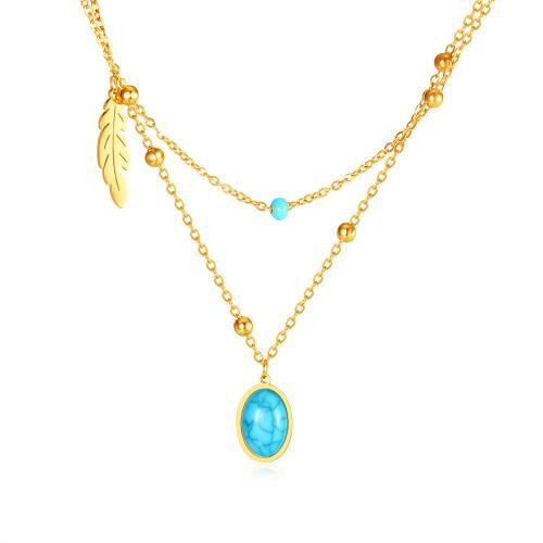 Stainless Steel Jewelry Necklace, 304 Stainless Steel, with turquoise, with 60mm extender chain, plated, fashion jewelry & for woman, golden, Pendant:16x10mm, Length:Approx 420 mm, Sold By PC