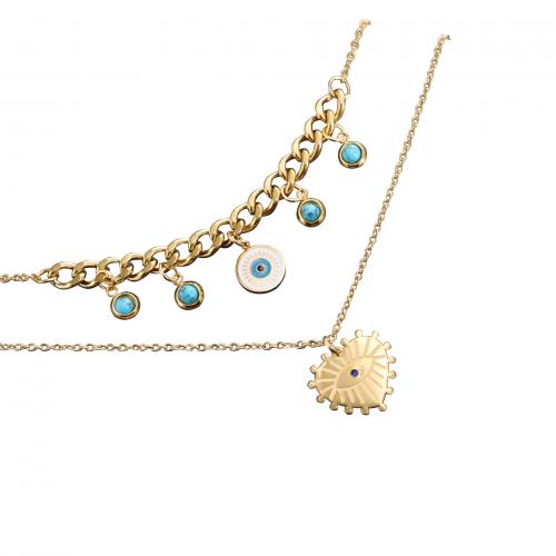 Evil Eye Jewelry Necklace, Titanium Steel, with turquoise, with 5CM extender chain, Vacuum Ion Plating, micro pave cubic zirconia & for woman & enamel, more colors for choice, Length:Approx 45 cm, Sold By PC