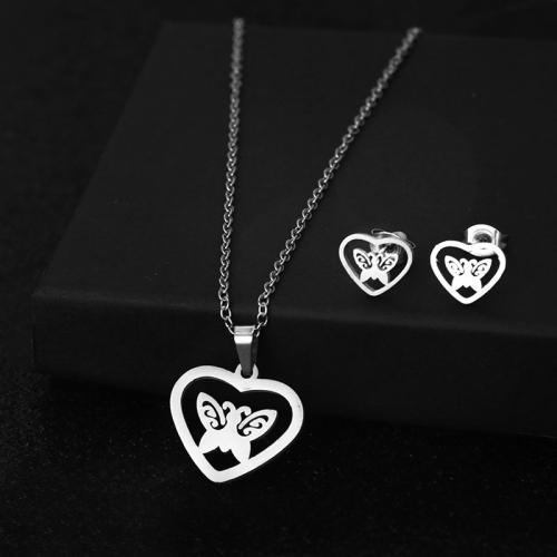 Fashion Stainless Steel Jewelry Sets, Stud Earring & necklace, 304 Stainless Steel, polished, 2 pieces & fashion jewelry & for woman, silver color, nickel, lead & cadmium free, Length:Approx 45 cm, Sold By Set