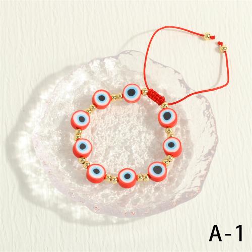 Bracelet Evil Eye bijoux, argile de polymère, avec Cordon de noeud & laiton, Placage de couleur d'or, Réglable & bijoux de mode & pour femme, plus de couleurs à choisir, Longueur:Environ 16-22 cm, Vendu par PC
