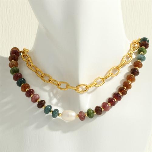 Tourmaline Necklace, with Freshwater Pearl & Brass, with 5cm extender chain, gold color plated, fashion jewelry & different styles for choice & for woman, more colors for choice, nickel, lead & cadmium free, Length:Approx 40 cm, Sold By PC