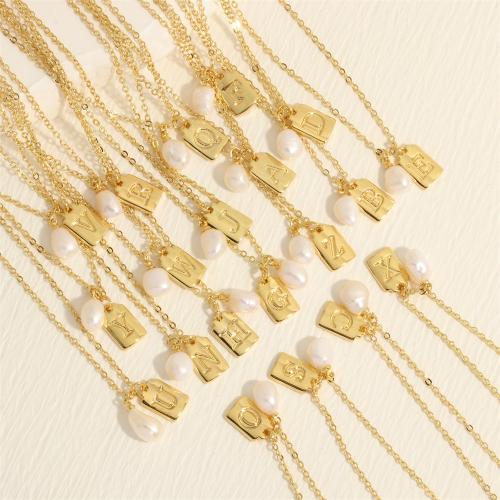 Messing Halskette, mit Natürliche kultivierte Süßwasserperlen, mit Verlängerungskettchen von 5cm, goldfarben plattiert, Modeschmuck & Buchstaben sind von A bis Z & für Frau, keine, Länge:ca. 40 cm, verkauft von PC