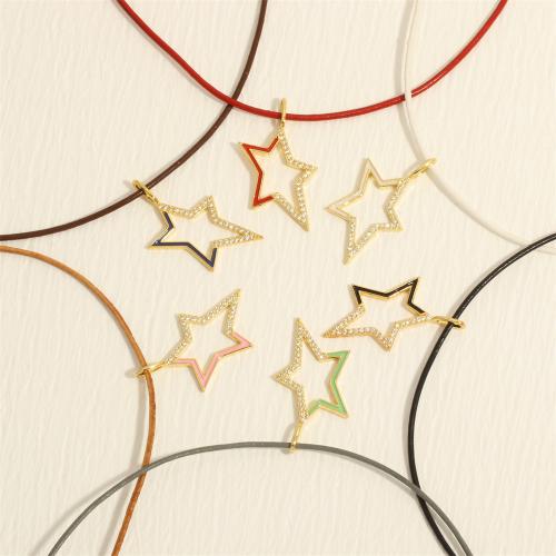 Brass Necklace, with leather cord, with 5cm extender chain, Star, gold color plated, fashion jewelry & micro pave cubic zirconia & for woman & enamel & hollow, more colors for choice, nickel, lead & cadmium free, 19x35mm, Length:Approx 40 cm, Sold By PC