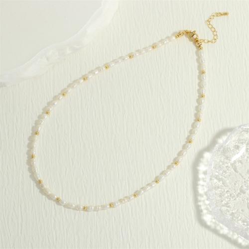 Freshwater Pearl Brass Chain Necklace, Pérolas de água doce, with cobre, with 5cm extender chain, cromado de cor dourada, joias de moda & para mulher, branco, comprimento Aprox 40 cm, vendido por PC