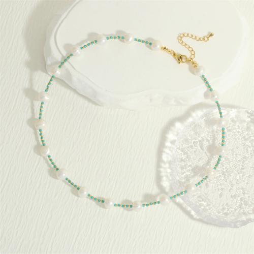 Ferskvandsperle Messing kæde halskæde, med Seedbead & Messing, med 5cm extender kæde, guldfarve belagt, mode smykker & for kvinde, blandede farver, Længde Ca. 40 cm, Solgt af PC