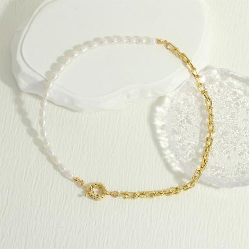Messing Halskette, mit Natürliche kultivierte Süßwasserperlen, goldfarben plattiert, Modeschmuck & für Frau, weiß, frei von Nickel, Blei & Kadmium, Länge:ca. 40 cm, verkauft von PC