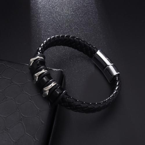 PU Leather Cord Bracelets with Zinc Alloy fashion jewelry & for man black Length Approx 21 cm Sold By PC