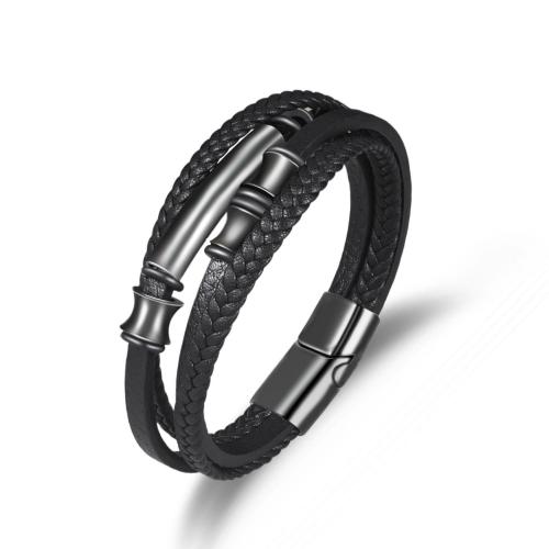 PU Leather Cord Bracelets Microfiber PU with 304 Stainless Steel & Zinc Alloy Bamboo plumbum black color plated fashion jewelry & for man black Length 21 cm Sold By PC