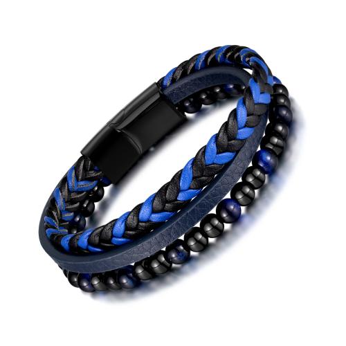 PU Leather Cord Bracelets, with Tiger Eye & 304 Stainless Steel, Vacuum Ion Plating, fashion jewelry & for man, mixed colors, Length:210 mm, Sold By PC