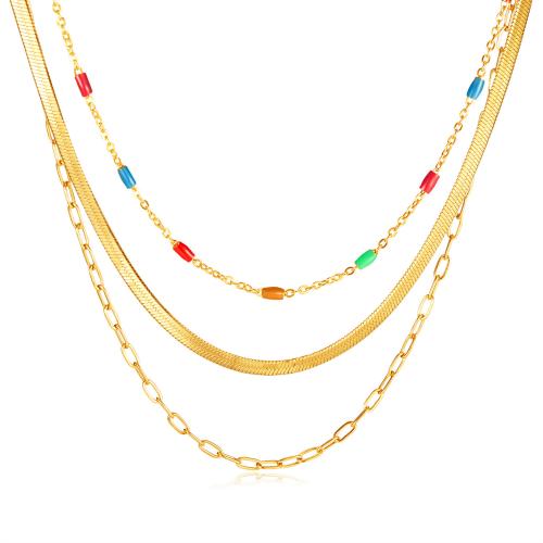 Edelstahl Schmuck Halskette, 304 Edelstahl, mit Verlängerungskettchen von 5.5cm, drei Schichten & Modeschmuck & für Frau & Epoxy Aufkleber, goldfarben, Länge 40.5 cm, verkauft von PC