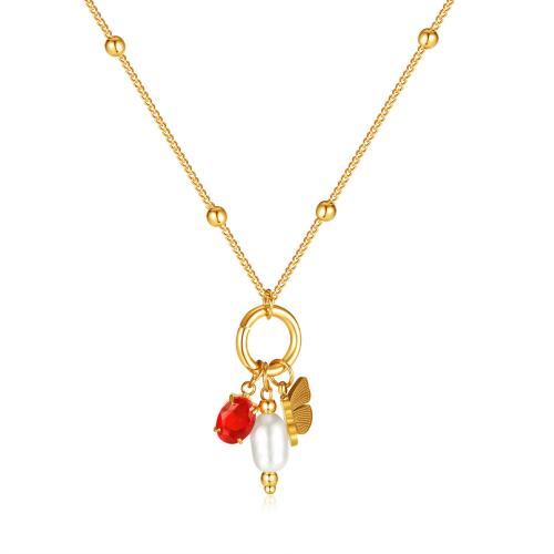 Nerezová ocel šperky náhrdelník, 304 Stainless Steel, s Drahokamu & Akryl, s 5.5cm extender řetězce, módní šperky & pro ženy, zlatý, 30mm, Délka 42 cm, Prodáno By PC