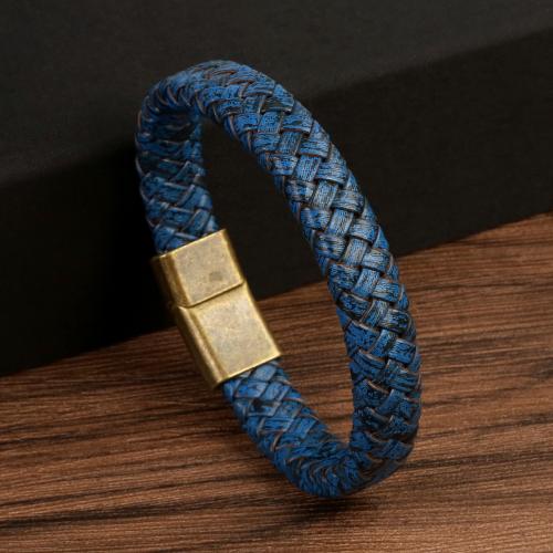 PU Leather Cord Bracelets, with Tibetan Style, antique brass color plated, fashion jewelry & for man, blue, Length:Approx 21 cm, Sold By PC