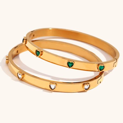 Stainless Steel Bangle, 316L Stainless Steel, 18K gold plated, fashion jewelry & micro pave cubic zirconia & for woman, nickel, lead & cadmium free, Inner diameter :60mm, width :6mm., Sold By PC