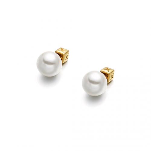 Messing oorbelknoppen, met Plastic Pearl, plated, voor vrouw, gouden, 15.80x8mm, Verkocht door pair