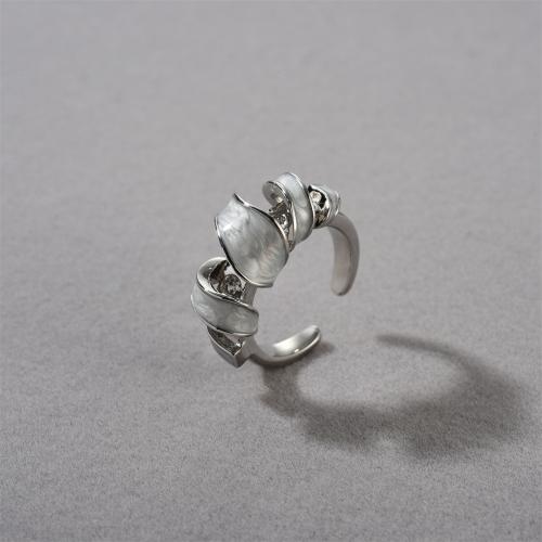 Anillo de dedo de latón, metal, chapado, para mujer & esmalte & con diamantes de imitación, plateado, Vendido por UD