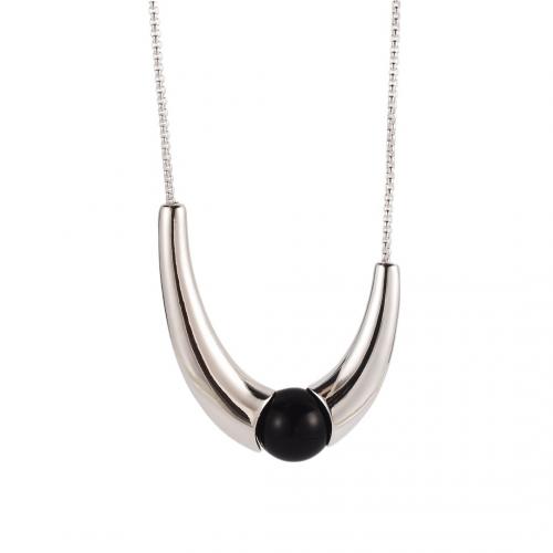 Brass Necklace, with Black Agate, with 7CM extender chain, plated, for woman, silver color, Length:Approx 39 cm, Sold By PC
