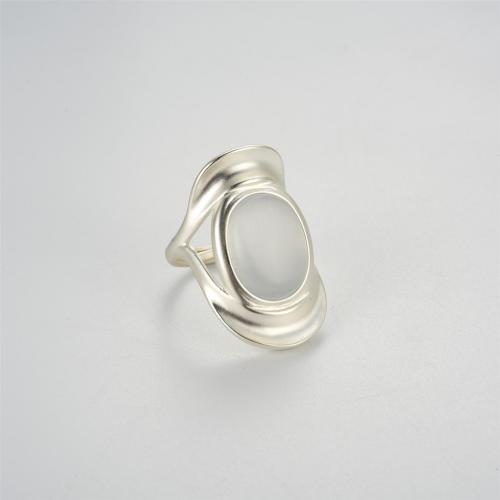 Brass Finger Ring, with Cats Eye, plated, for woman, silver color, Sold By PC