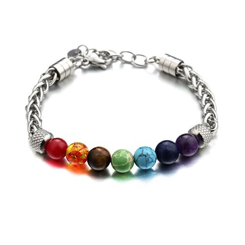 Stainless Steel Jewelry Bracelet, 304 Stainless Steel, with Gemstone, fashion jewelry & Unisex, more colors for choice, nickel, lead & cadmium free, 8mm, Length Approx 16-21 cm, Sold By PC