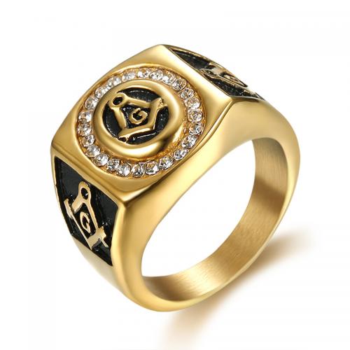 316 από ανοξείδωτο χάλυβα Δάχτυλο του δακτυλίου, χρώμα επίχρυσο, freemason κοσμήματα & διαφορετικό μέγεθος για την επιλογή & για τον άνθρωπο & με στρας, Τρύπα:Περίπου 1mm, Μέγεθος:7-12, Sold Με PC