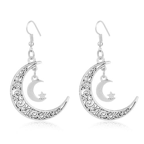 Tibetan Style Drop Earring, Moon and Star, plated, for woman & hollow, more colors for choice, 60x35mm, Hole:Approx 1mm, Sold By Pair