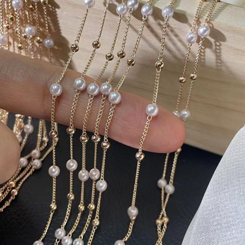 Brass Beading Chains, with Plastic Pearl, Round, KC gold color plated, DIY, white, nickel, lead & cadmium free, 4mm, Sold By Yard