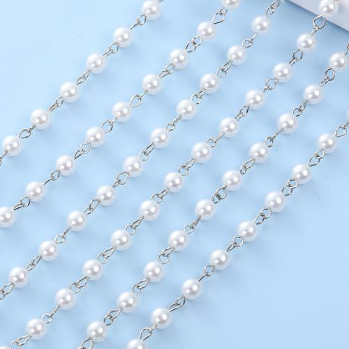 Brass Beading Chains, with Plastic Pearl, Round, platinum color plated, DIY, white, nickel, lead & cadmium free, 4mm, Sold By m