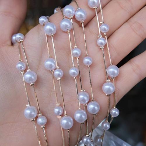 Brass Beading Chains, with Plastic Pearl, Round, KC gold color plated, DIY, white, nickel, lead & cadmium free, Big Pearl:10mm,Little Pearl:6mm, Sold By Yard