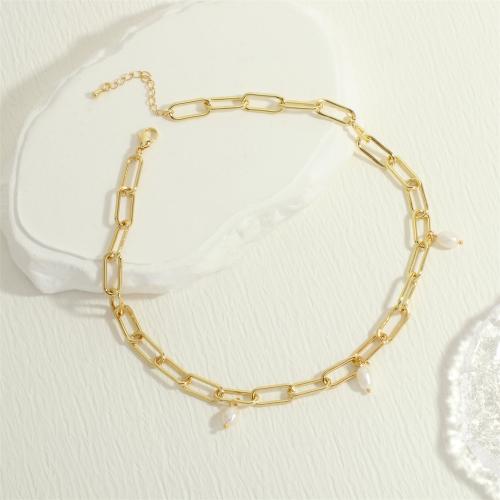 Freshwater Pearl Mässing Chain Necklace, med Freshwater Pearl, med 5cm extender kedja, guldfärg pläterade, mode smycken & för kvinna, vit, nickel, bly och kadmium gratis, 6x14mm, Längd Ca 40 cm, Säljs av PC