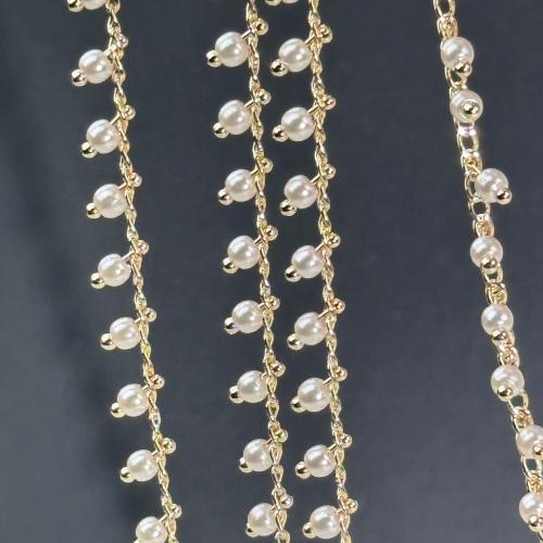 Messing Kæde, med Glass Pearl, Runde, KC guldfarve belagt, du kan DIY, hvid, nikkel, bly & cadmium fri, 3mm, Solgt af m